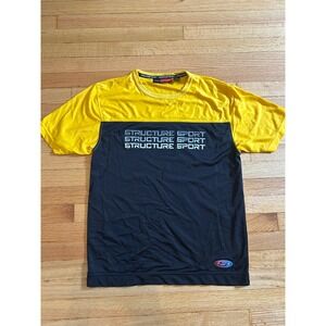 Vintage Structure Sport Mens Large Yellow Navy Blue Mesh Colorblock T-Shirt Y2K